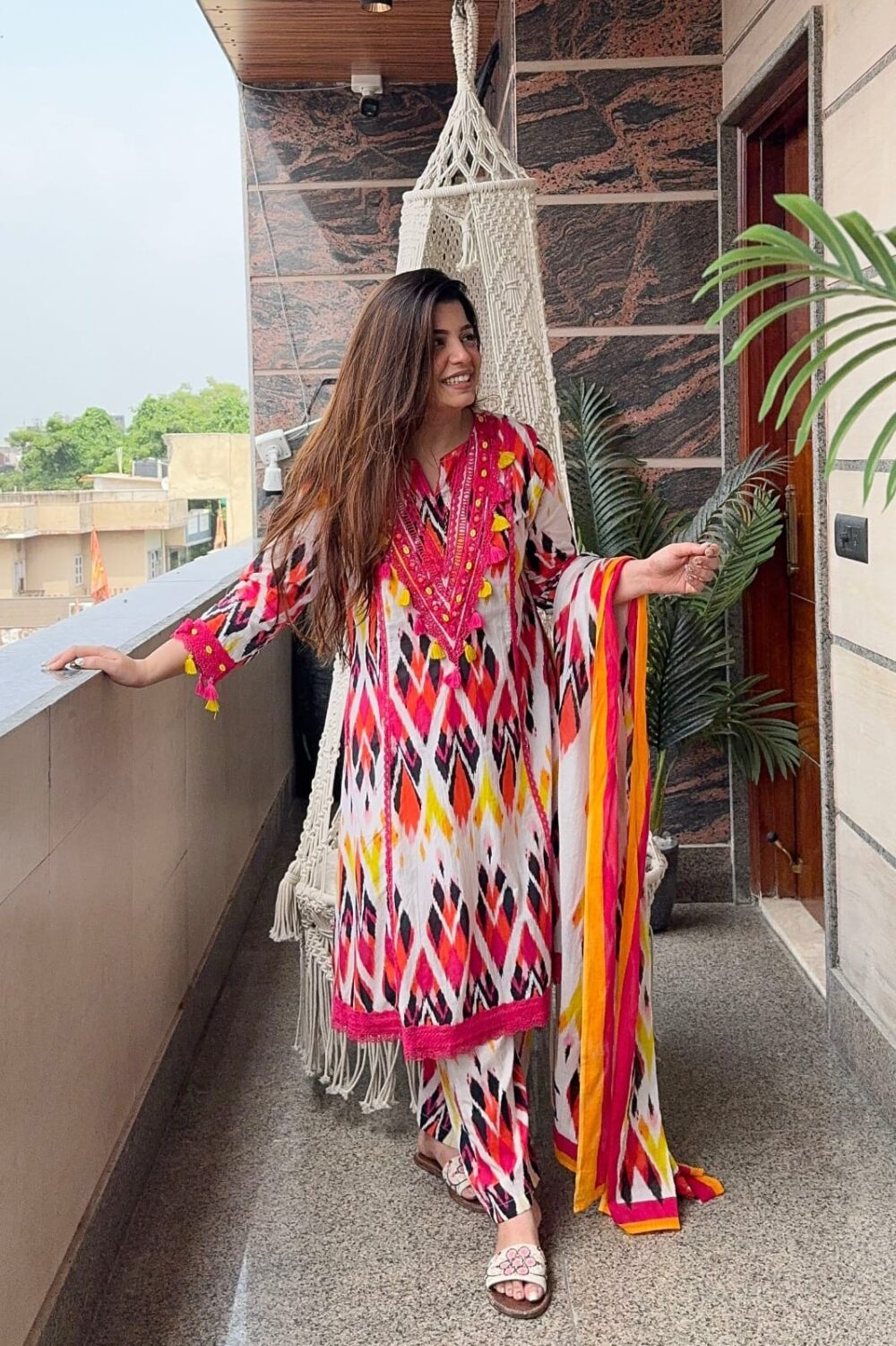 MULTI COLOR COTTON AKHAT PRINT A LINE SUIT WITH DOUBLE SIDED - Image 6