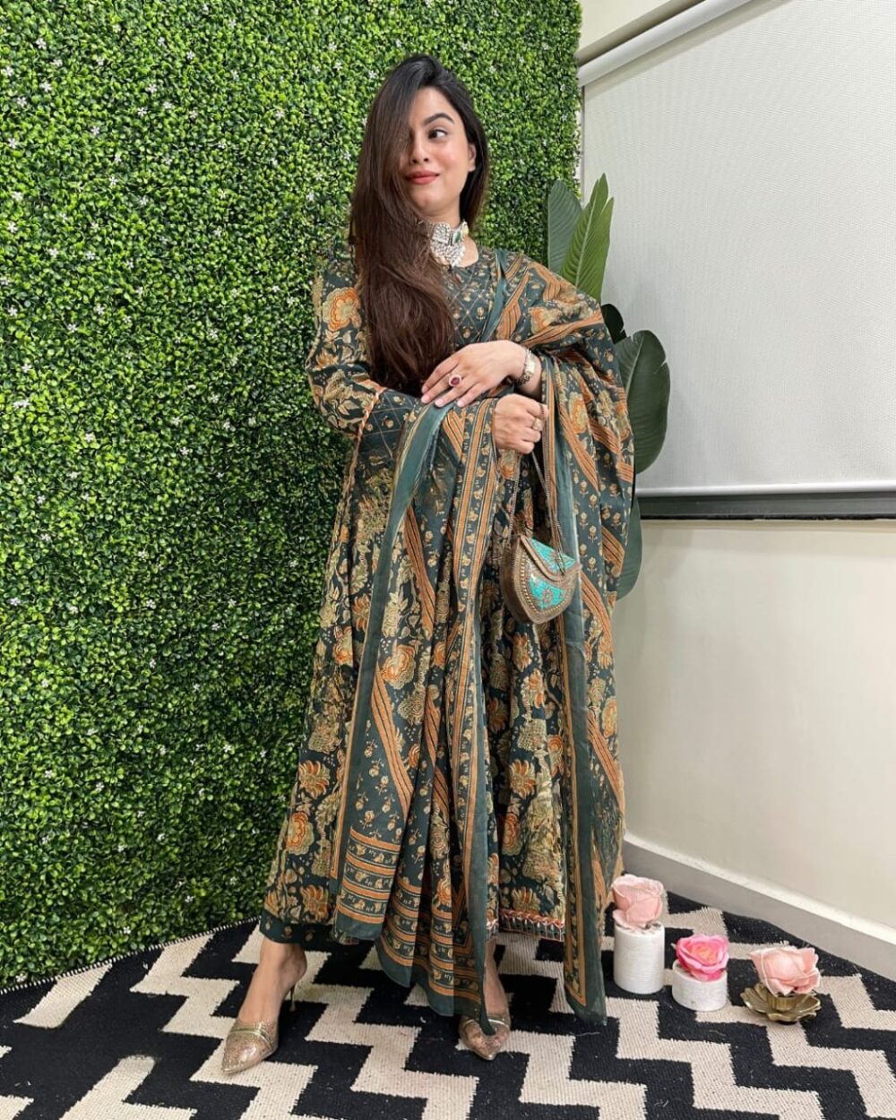 Two Color Cotton Anarkali With Embroidered Border - Image 14