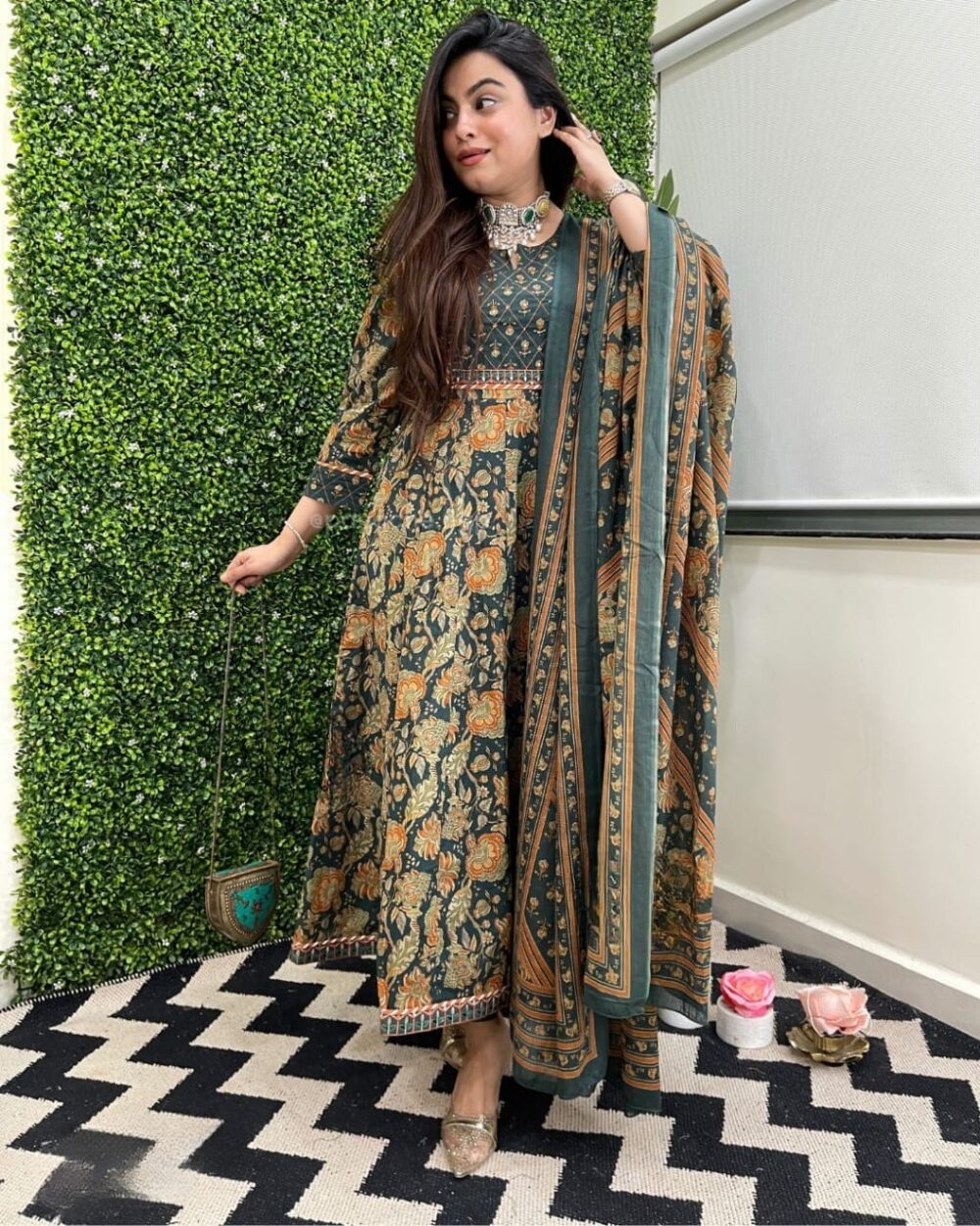Two Color Cotton Anarkali With Embroidered Border - Image 13