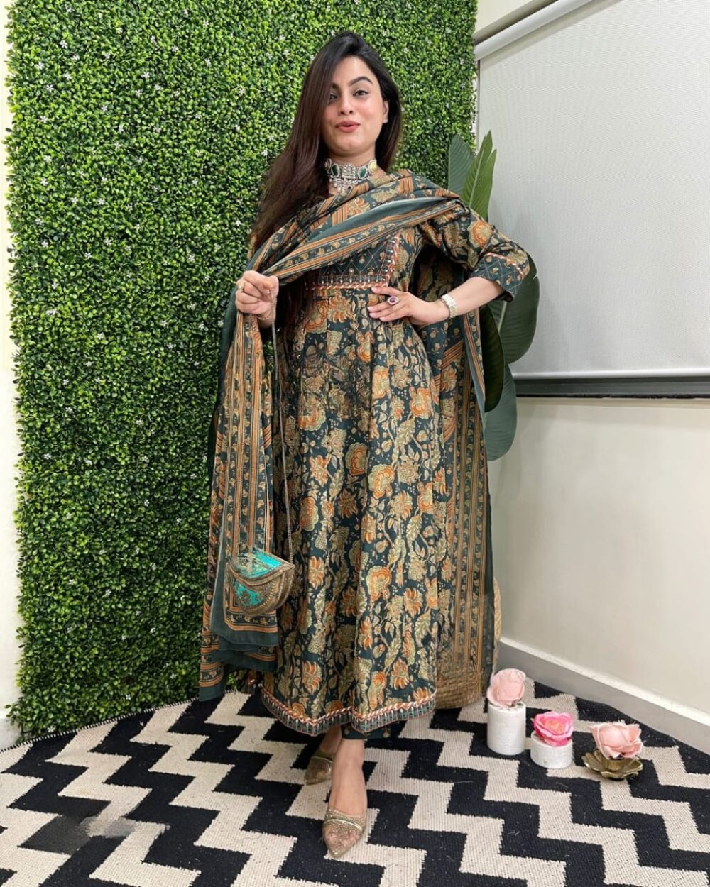 Two Color Cotton Anarkali With Embroidered Border - Image 12