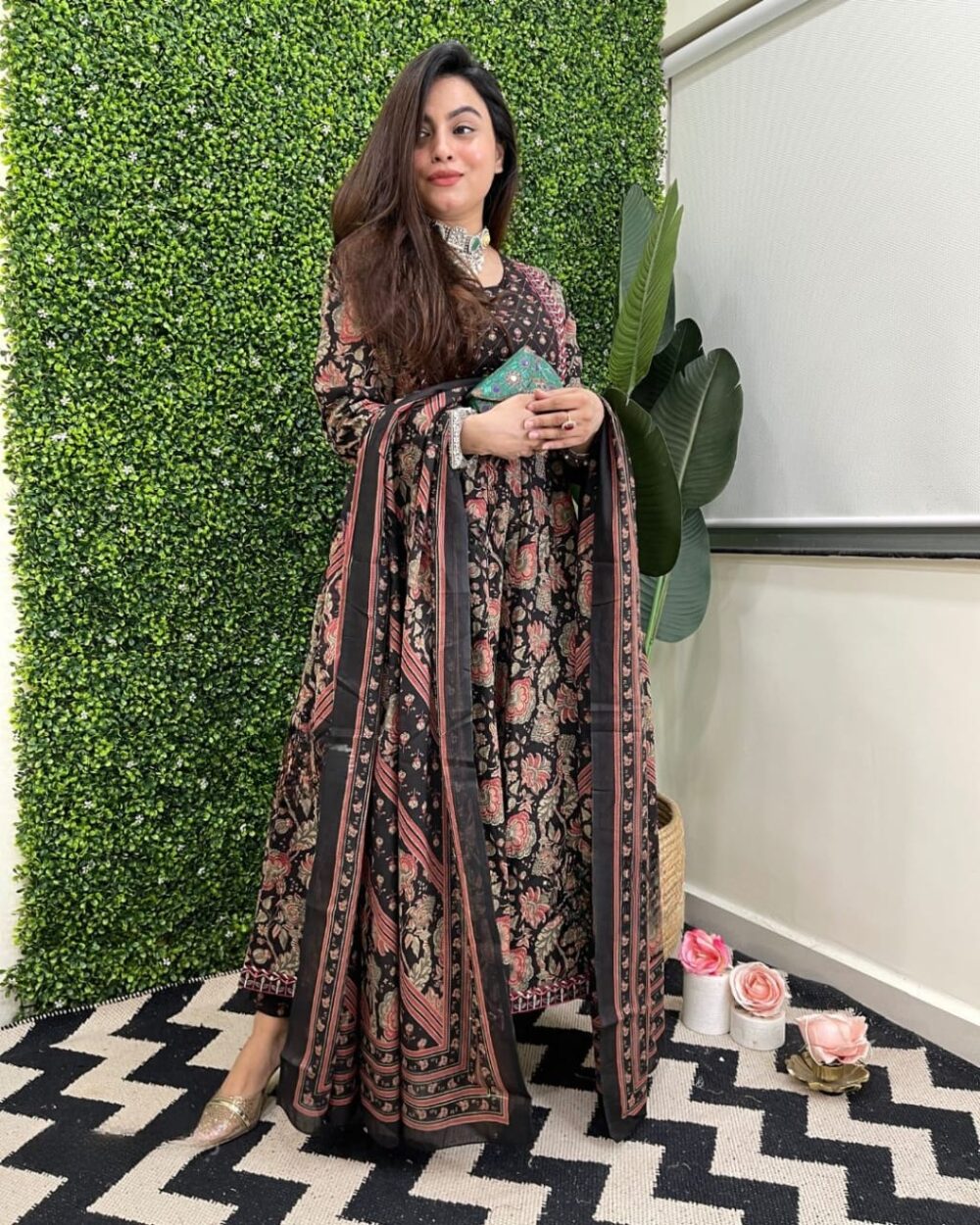 Two Color Cotton Anarkali With Embroidered Border - Image 7