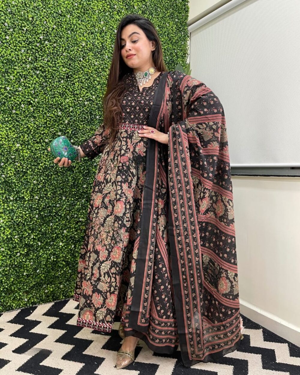 Two Color Cotton Anarkali With Embroidered Border - Image 6
